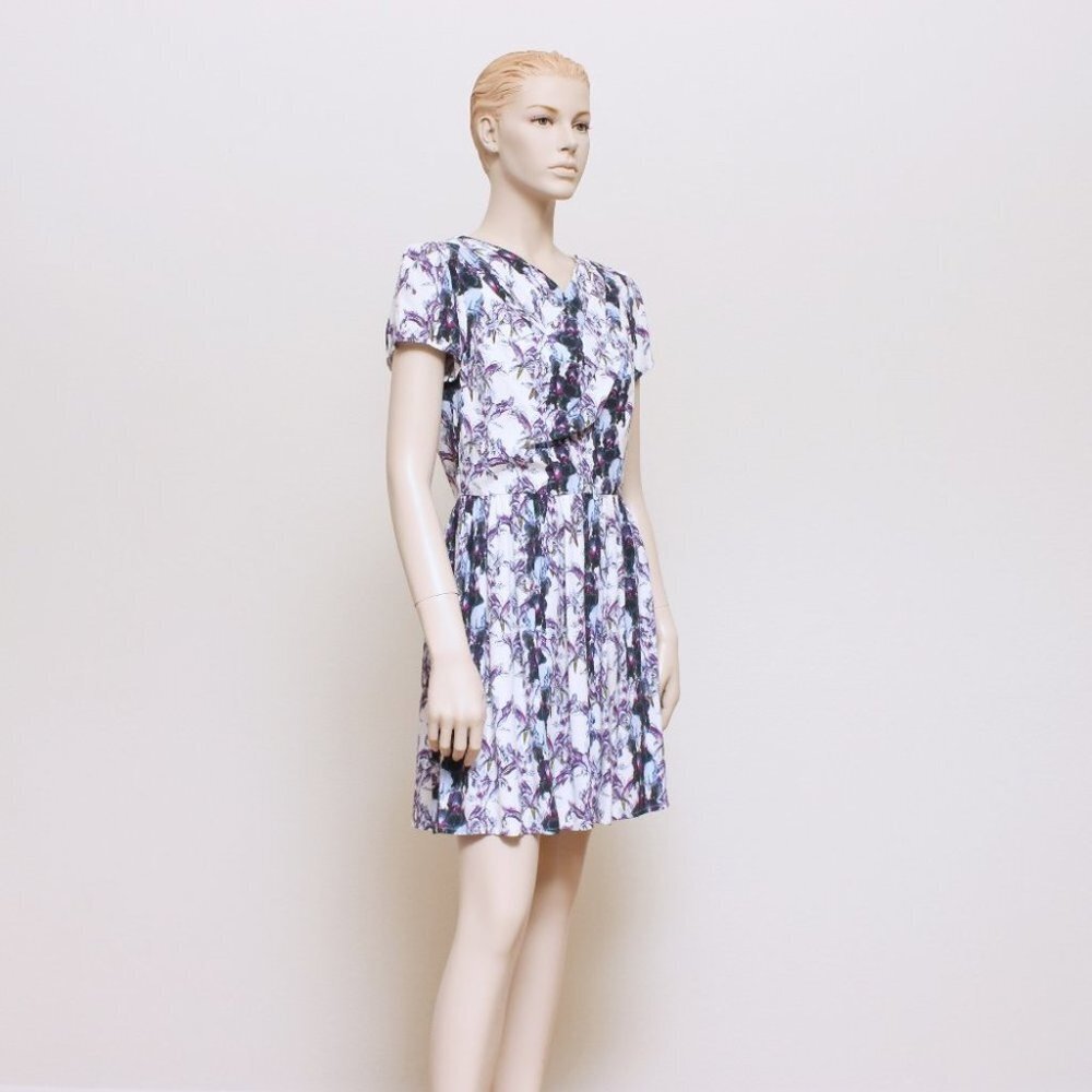 TopShop Floral Cap‎ Sleeve Mini Dress White Purple Women 8